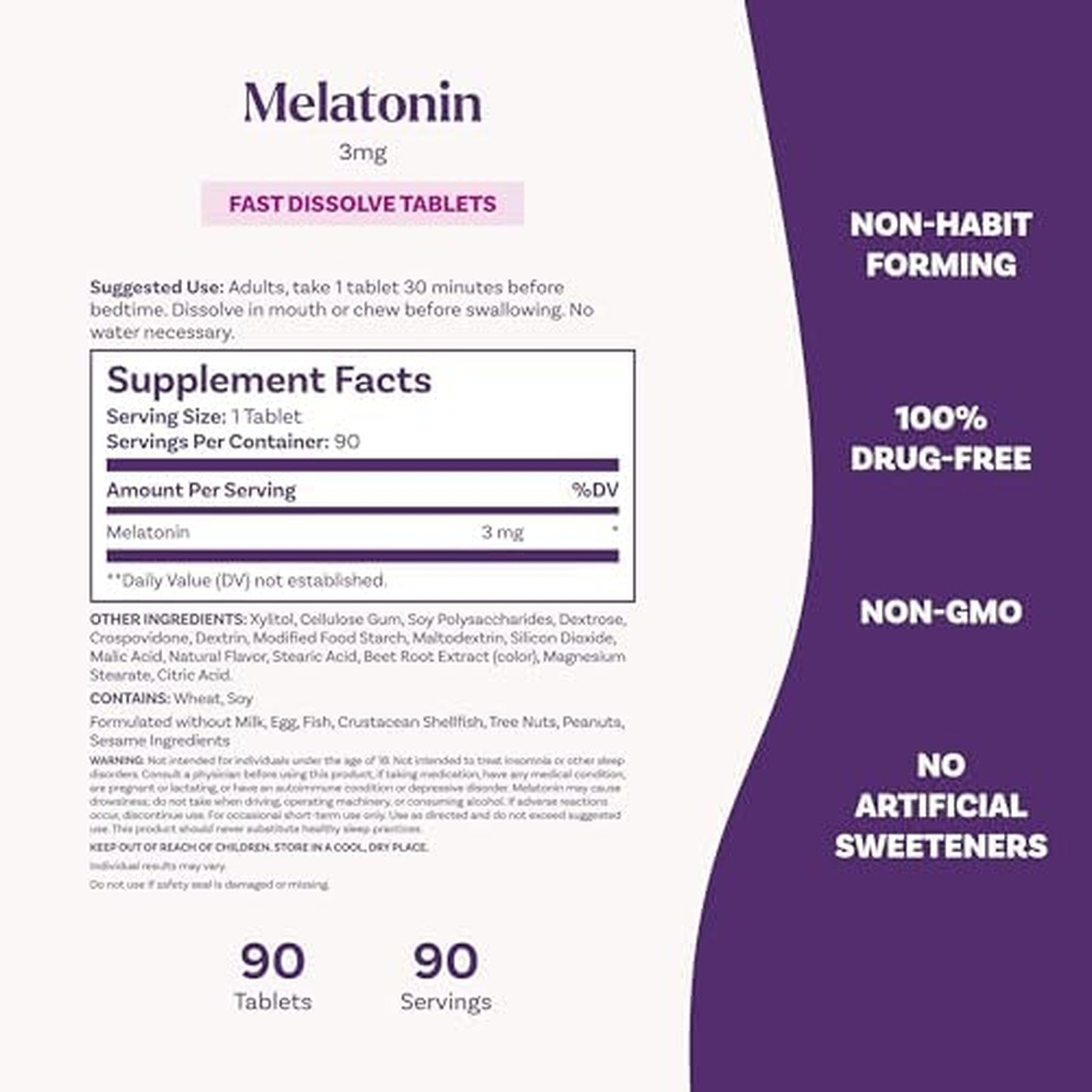 Natrol Melatonin 3mg Fast Dissolve 90 Tablets Supplement Facts