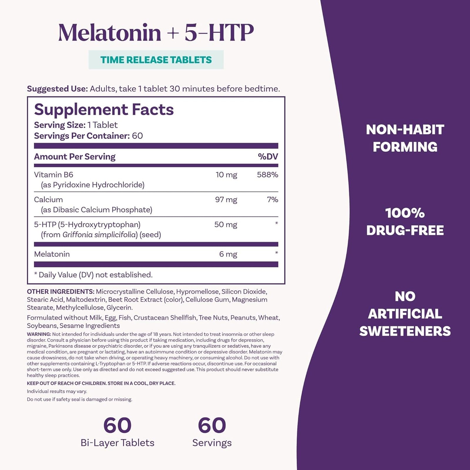 Natrol Advanced Sleep Melatonin plus 5-HTP 60 Bi-Layer Tablets Supplement Facts