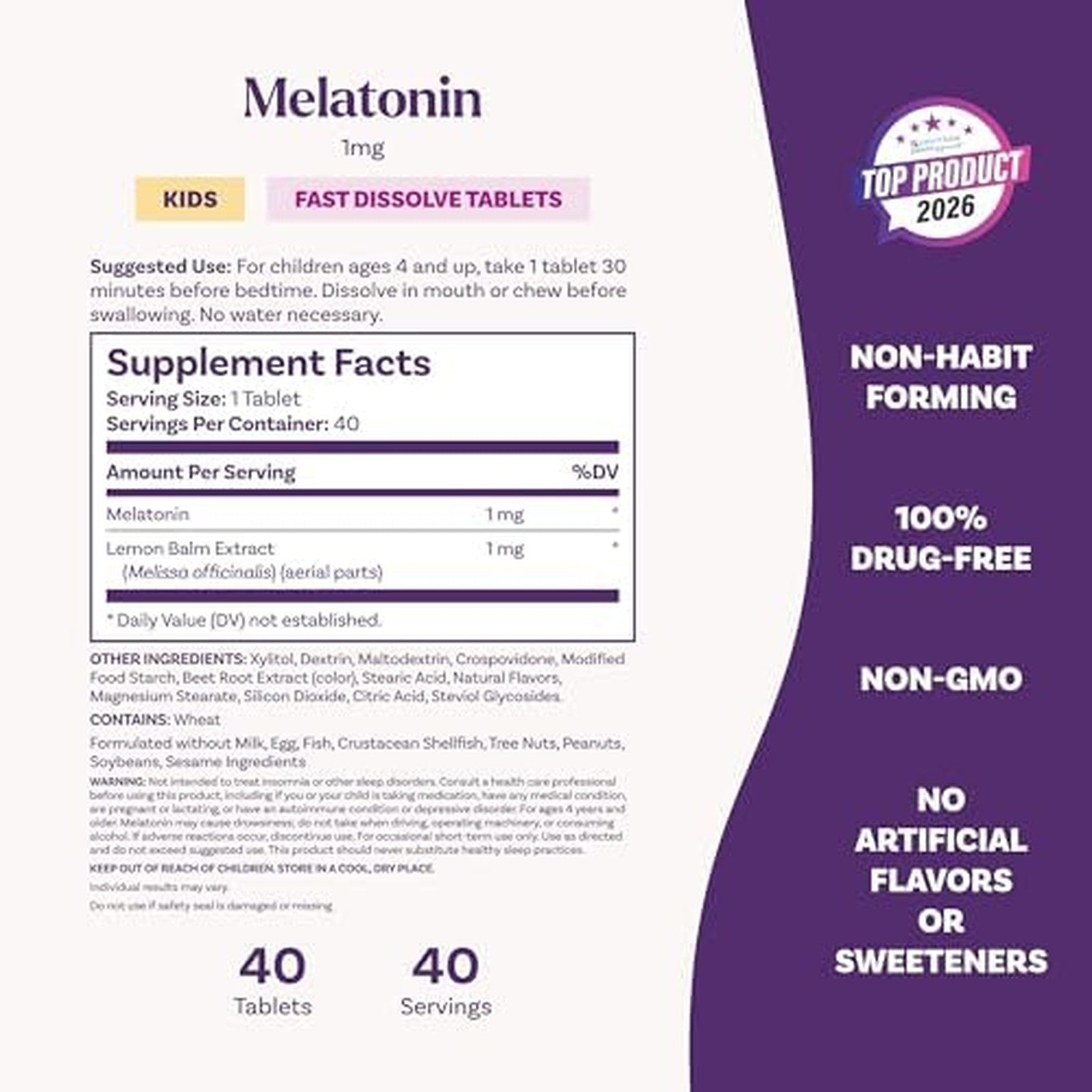 Natrol Kids Melatonin 1mg Strawberry Fast Dissolve 40 Tablets Supplement Facts
