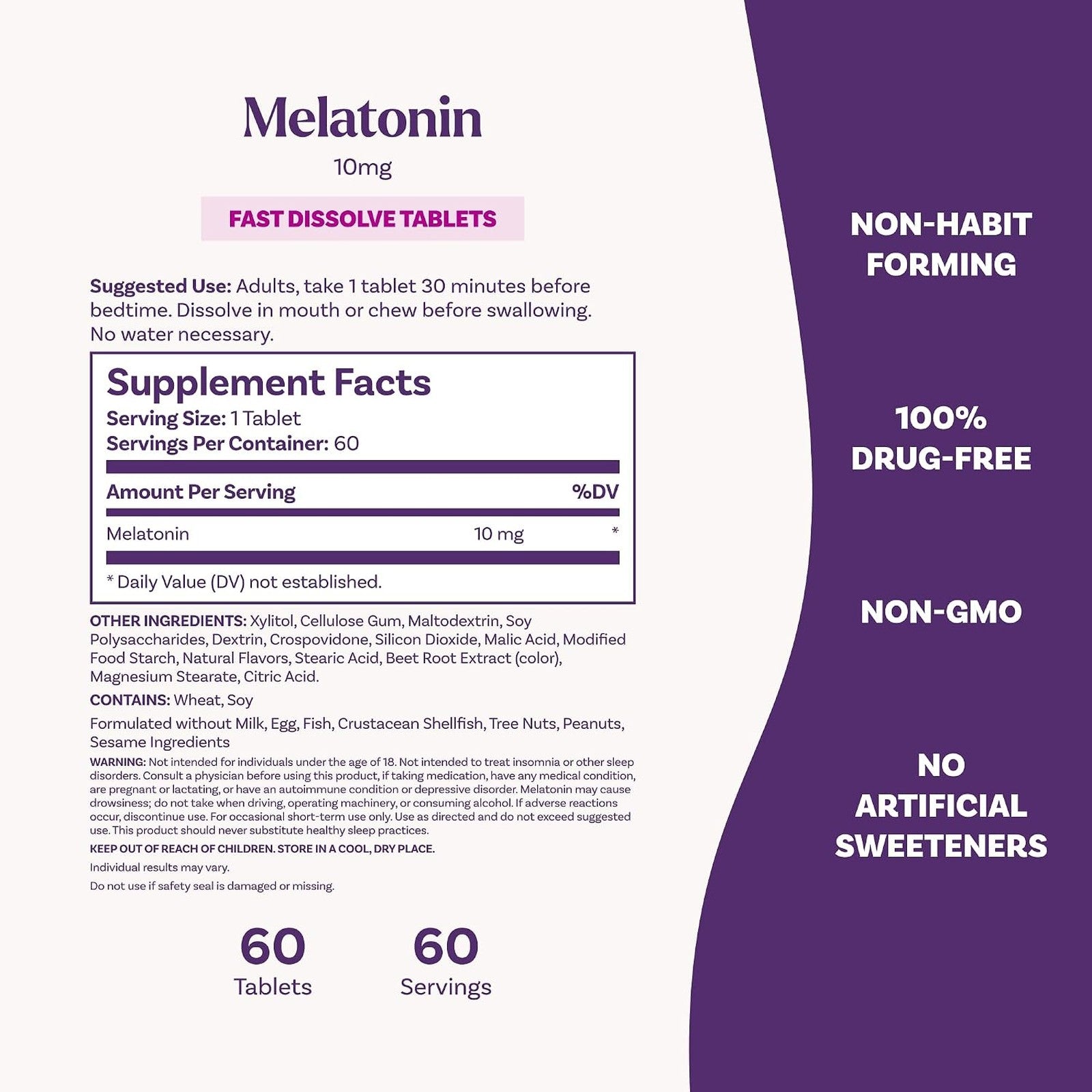 Natrol Melatonin Fast Dissolve Maximum Strength Citrus 10mg 60 Tablets Supplement Facts