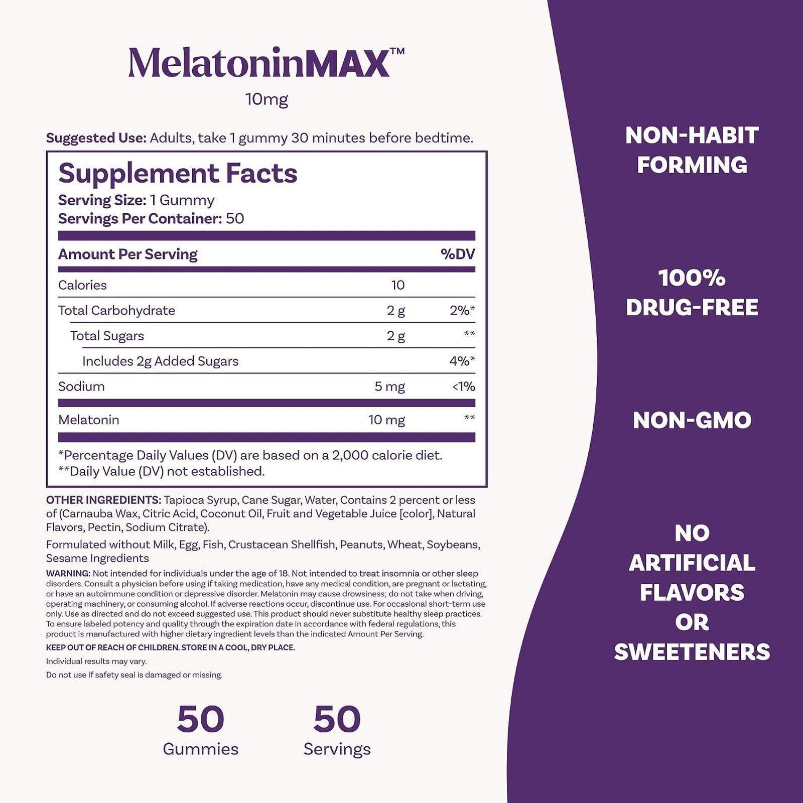 Natrol MelatoninMax Blueberry 10mg 50 Gummies Supplement Facts
