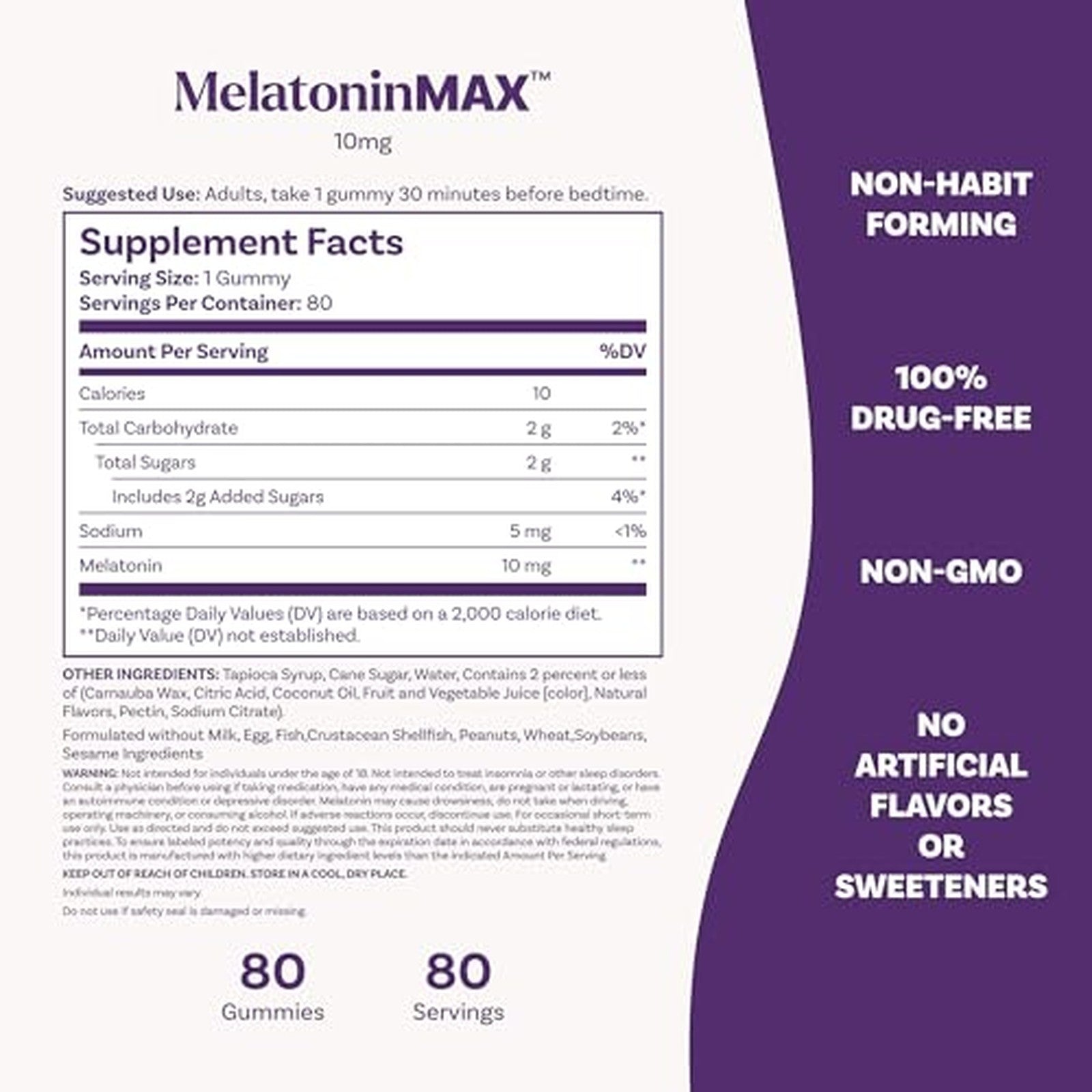 Natrol MelatoninMax Blueberry 10mg 80 Gummies Supplement Facts