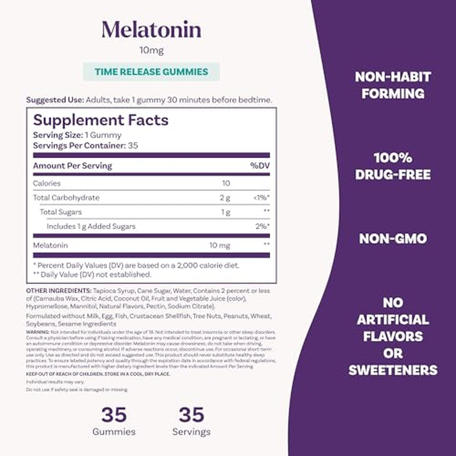 Natrol Melatonin 10mg Time Release 35 Gummies Supplement Facts