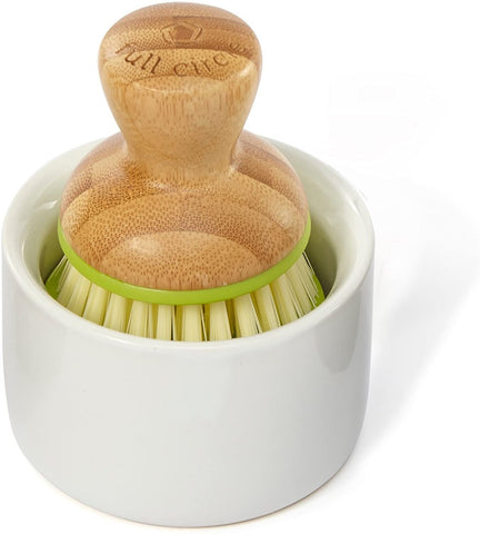 Full Circle Bubble Up ceramic soap dispenser & dish brush set, White Dish, Green Brush