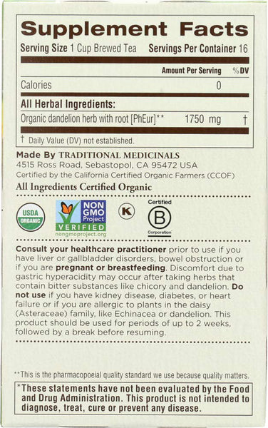 TRADITIONAL MEDICINALS - Dandelion Leaf & Root Tea - 16 Tea Bags