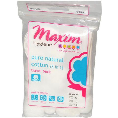 Maxim Hygiene - Pure Natural Cotton 3 in 1 Travel Pack - 50 Pieces