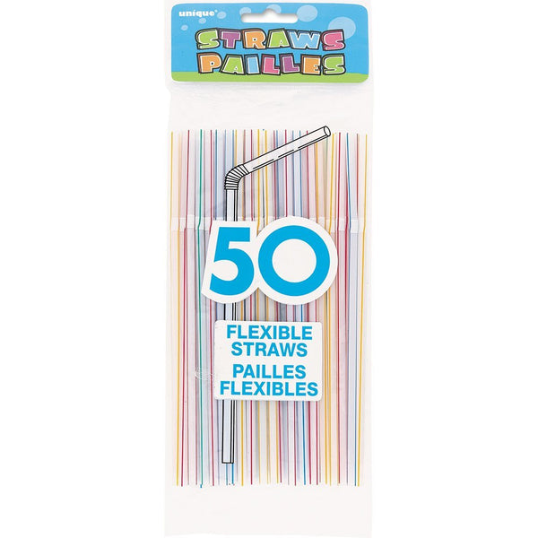 UNIQUE - Bagged Flexible Plastic Drinking Straws, Assorted Striped