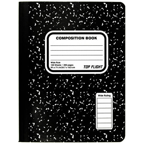 TOP FLIGHT - Composition Book, Black and White Marble, 9" x 7", Wide Rule